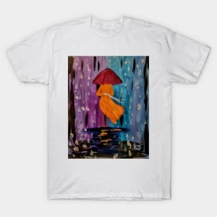 A lady with umbrella walking down a rain soaked footpath T-Shirt